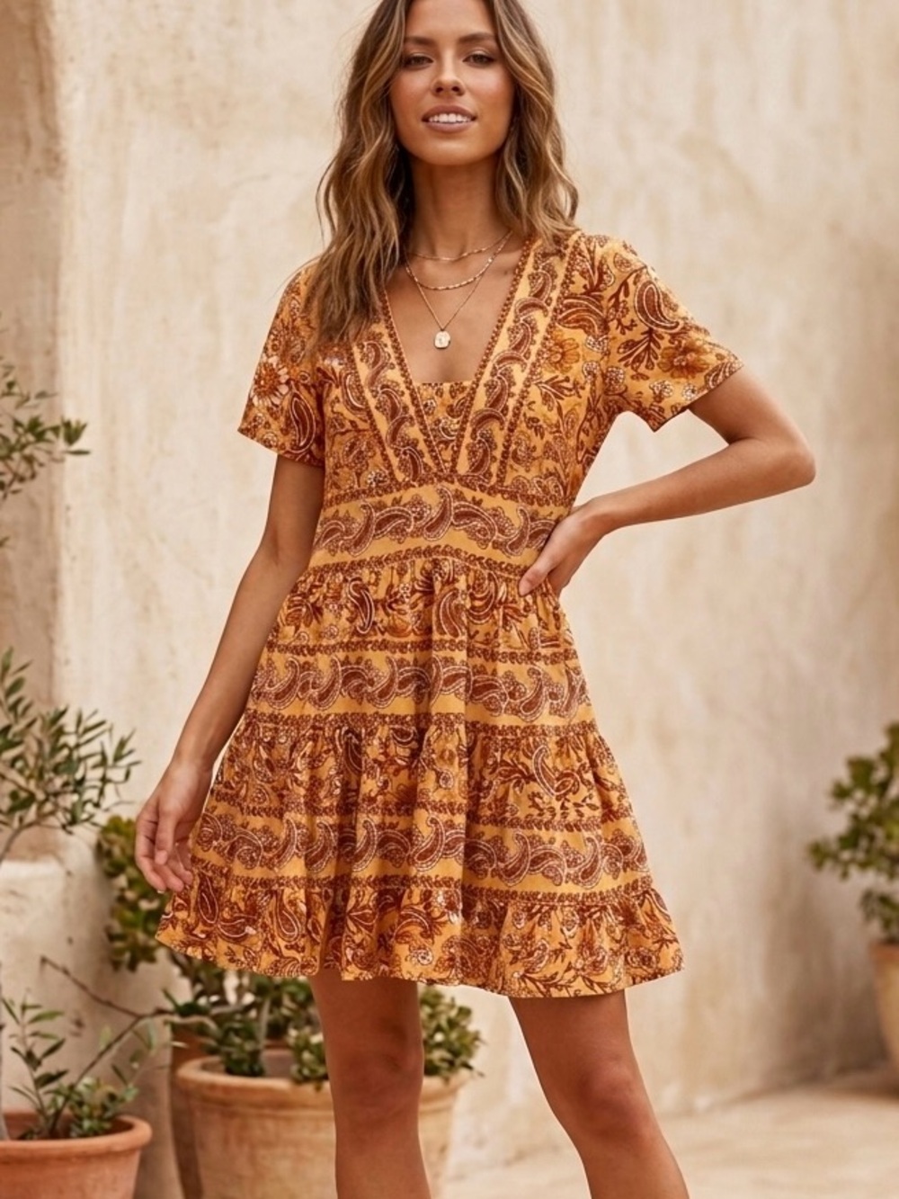PATRONS OF PEACE Boho Tiered Mini Dress Orange Paisley S